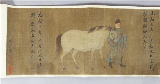 A Chinese hand scroll painting on silk of five of the horses of Mu Wang, image 28 x 263cm